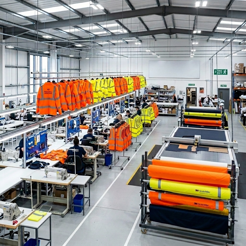 SafeWear Walsall Production Floor with hanging orange rail safety jackets